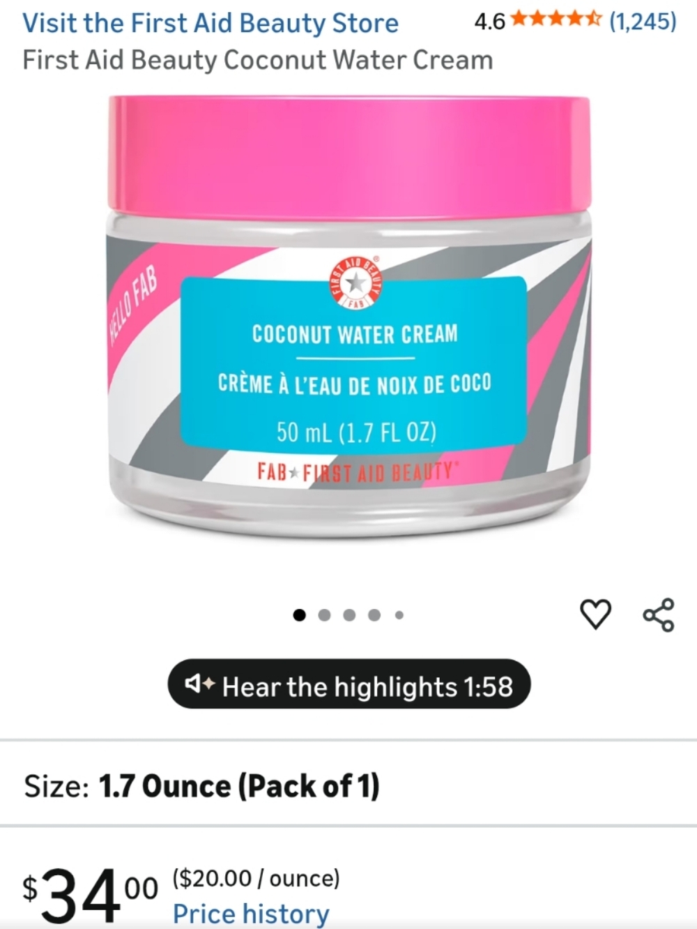 First Aid Beauty Coconut Water Cream Moisturizer NIB NEW IN BOX